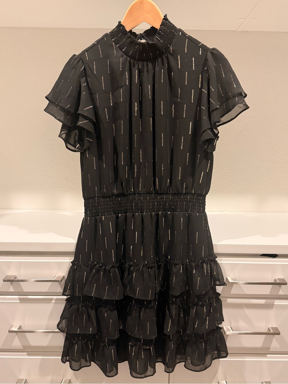 MSK Black Petite Dress with Gold Metallic Stripes